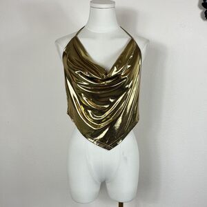 Peach Shirt Womens Medium Gold Metallic Halter Cowl Party Top Clubwear 70s Disco